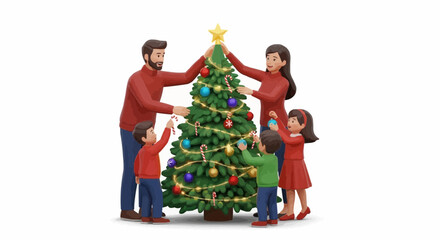 A cheerful 3D illustration of a family in matching red outfits joyfully decorating a Christmas tree together, isolated on a white background