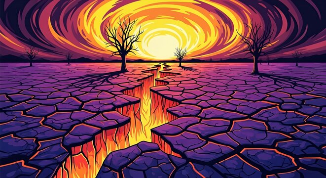 Vibrant apocalyptic landscape with a glowing crack in dry purple earth under a swirling orange sky and silhouetted dead trees.
