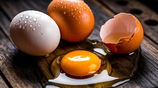 Fresh whole and cracked eggs on wooden surface showing raw yolk and natural food ingredients
 - Powered by Adobe