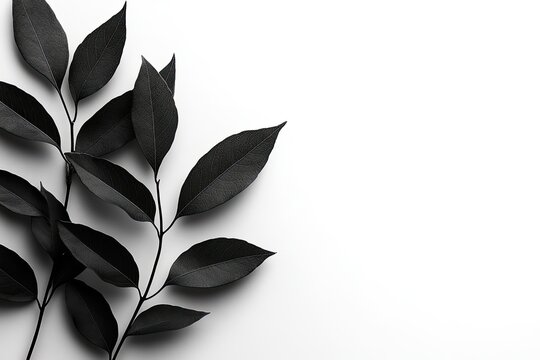 Dark leaves on delicate stems, against stark white backdrop