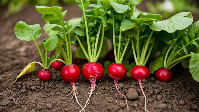 Fresh red radishes growing in garden soil showing organic vegetable farming and healthy food produce