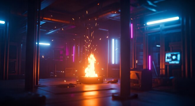 A vibrant fire burns in a dark, neon-lit industrial space with sparks flying upwards.