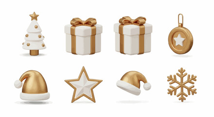 Festive Christmas Decorations Gifts, Tree, and Winter Elements in Gold and White