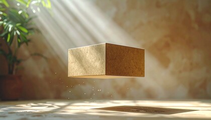 A golden-brown rectangular block levitates in a sunlit room, bathed in dramatic rays of light, casting a shadow on the textured floor