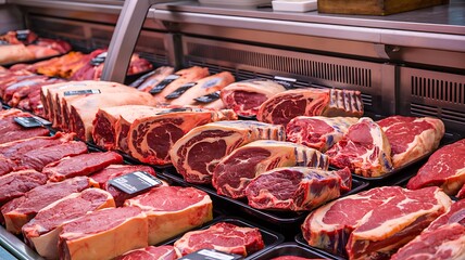 Fresh raw meat cuts displayed in butcher shop counter for cooking and food preparation

