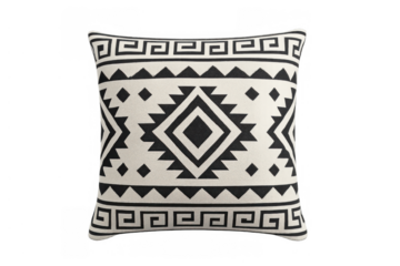 Decorative cushion featuring bold black and white geometric patterns and a tribal aesthetic for modern interior design. Transparent background