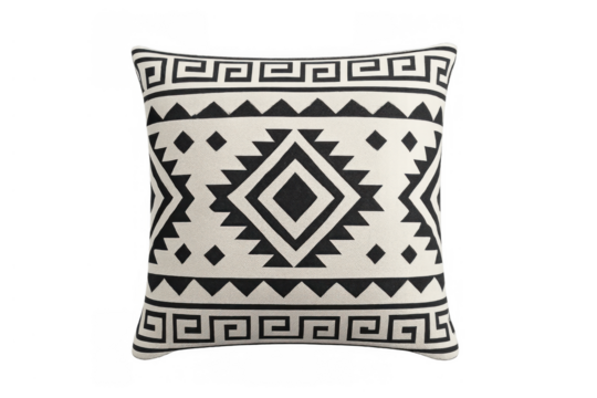 Decorative cushion featuring bold black and white geometric patterns and a tribal aesthetic for modern interior design. Transparent background