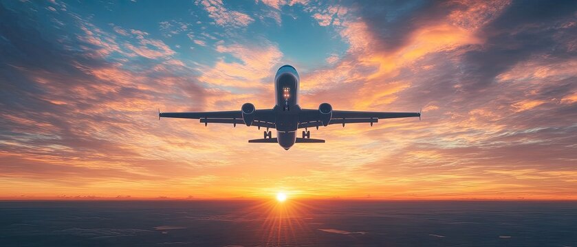 Airplane flying toward a vibrant, clouded sunset - Powered by Adobe