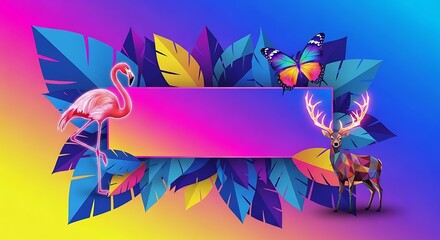 Tropical Banner with Flamingo, Butterfly, Deer and Colorful Leaves for Summer Sales