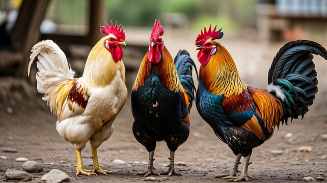 Colorful roosters standing together on farm ground in natural daylight
