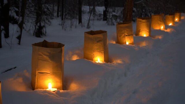 Candles in paper bags creating luminaria in the night 