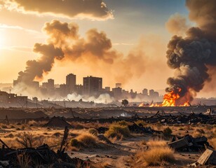 焼け野原になった戦場の街と立ち上る炎