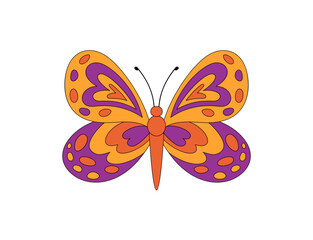 Groovy y2k butterfly sticker in funky cartoon graphic style with playful orange and pink colors. Colorful retro butterfly as a groovy element, perfect for vintage pop art and trendy decorative use.