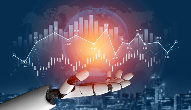 A sleek robotic hand showcases dynamic data visualizations with financial graphs and trends, conveying the essence of technology and analytics in a modern urban environment. Scalp