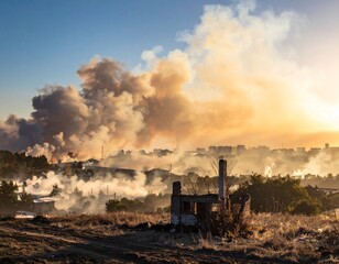 戦場になった街に立ち上る煙
