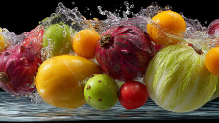 “The image shows a vibrant assortment of colorful tropical fruits splashing through water, captured in mid-motion against a black background. The fruits include bright yellow mangoes, red and green pr