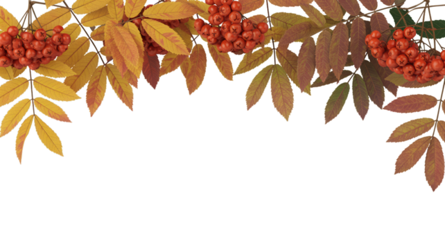 Rowan berries and autumn leaves isolated on transparent background