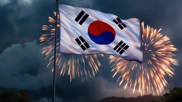 South Korean Flag Waving with Fireworks Display Celebration 1.