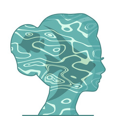 Top view of the blue and bright turquoise sea. Double exposure portrait of young woman and sea surface.