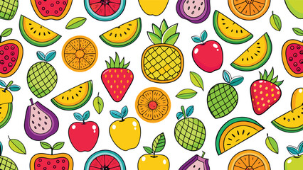 Fruit doodle icons repeat pattern, bright vector design.
