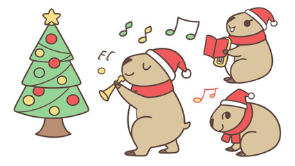 Naklejka premium Festive prairie dogs celebrating christmas with music and a decorated christmas tree cheerfully
