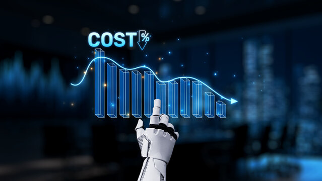 A robotic hand interacts with a digital cost percentage graph in a modern business office, symbolizing innovation and analytical technology in financial management. Synapse