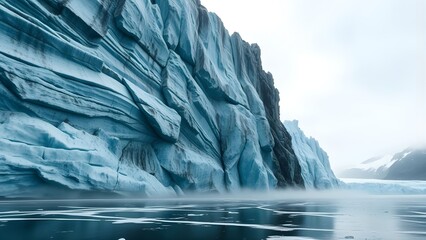 Majestic Glacier Wall with Mist Rising from Icy Waters, a Stunning Natural Spectacle