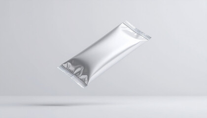 White metallic foil snack bar mockup levitating on neutral gray background, product  