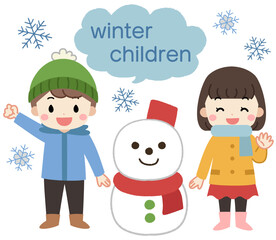雪だるまと子供達のかわいいイラスト