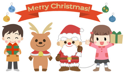 クリスマスプレゼントと子供たちとサンタクロースのイラスト
