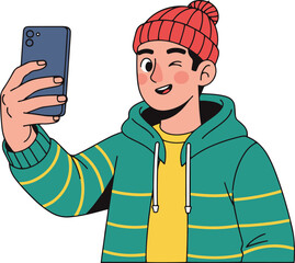 A cartoon illustration of a young person in a green hoodie and red beanie taking a selfie with a smartphone, winking at the camera.