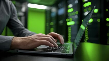 A person in a gray shirt types on a laptop inside a data center The background is filled with out-of-focus server racks illuminated by green lights