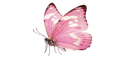 Delicate pink butterfly with white spots on wings isolated on transparent background