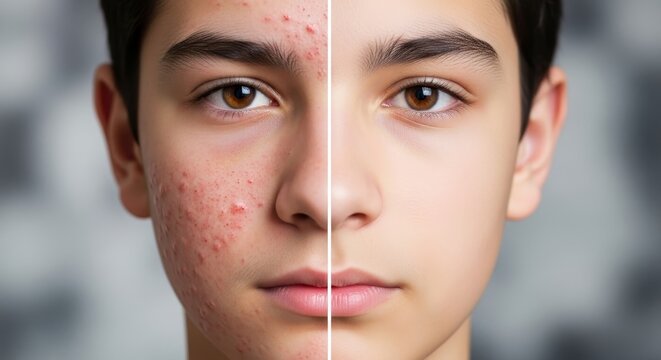 Teenage boy's face before and after acne treatment. Comparison of inflamed problem skin and clear, healthy skin. Concept for dermatology, cosmetology, and teen skincare.