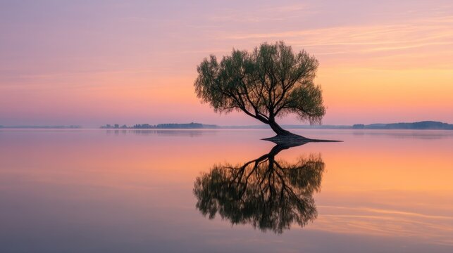 A solitary tree stands in the middle of a calm lake at sunset, its silhouette reflected in the water. - Powered by Adobe