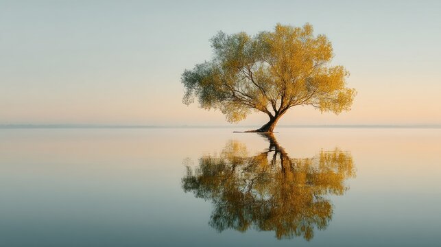 A solitary tree with yellow leaves stands on a calm lake, reflecting in the water, with a clear blue sky in the background. - Powered by Adobe