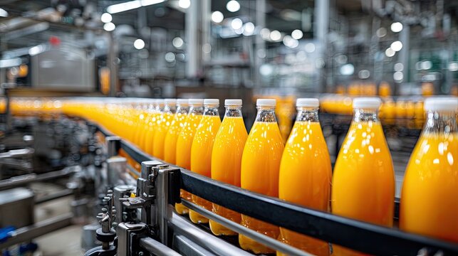 A factory production line displaying rows of orange juice bottles, highlighting industrial efficiency and beverage manufacturing processes.