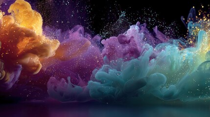 A vibrant, colorful cloud of paint and glitter against a black background, with a hint of a face in the foreground.