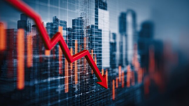 A digital depiction of a declining financial graph, symbolizing a downward trend in markets with skyscrapers blurred in the background.