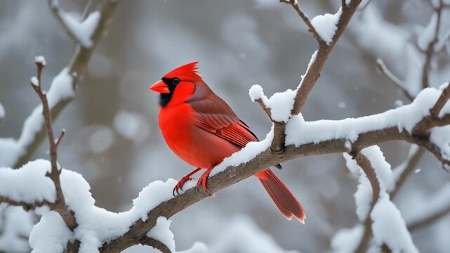Cardinal perched on snow-covered branch with red