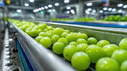 Fresh green grapes on a conveyor belt in a processing facility, showcasing an organized and efficient food handling environment.