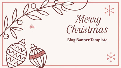 Merry christmas blog banner with ornaments, snowflakes, and a decorative branch on a light pink background