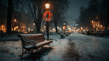 Winter park bench snow christmas lights night scene holiday season