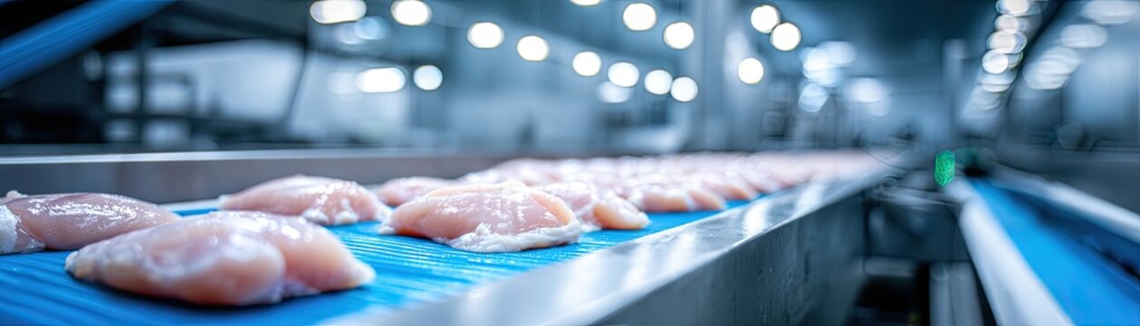 A conveyor belt transporting raw chicken breasts in a processing facility, illuminated by bright lights, emphasizing a clean and industrial environment.