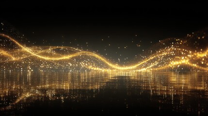 Golden waves of light and sparkles against a dark background, with a reflective surface below.