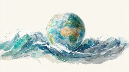 A vibrant watercolor illustration of Earth emerging from dynamic ocean waves, symbolizing the connection between the planet and the sea.