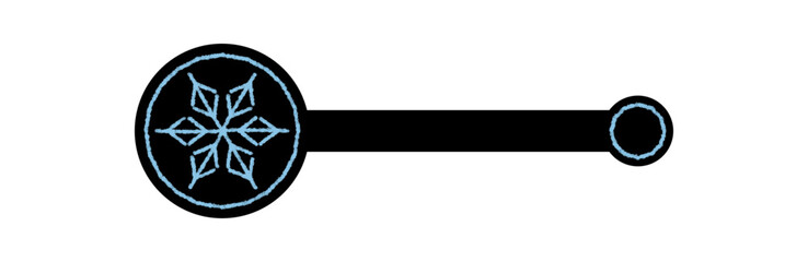 Blue snow flake label icon with outline and ornament design. Package lid with crayon and black accent, used as symbol for box, xmas, shipping product packaging.