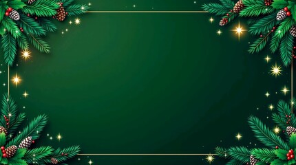 Bold green vector layout displays silver metallic corner decorations with clean holiday style