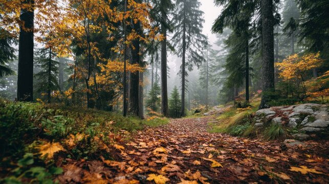 A misty, autumnal forest path with fallen leaves and trees, creating a serene and peaceful atmosphere.