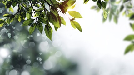 Obraz premium Green and yellow leaves with sunlight filtering through, creating a serene and natural setting.